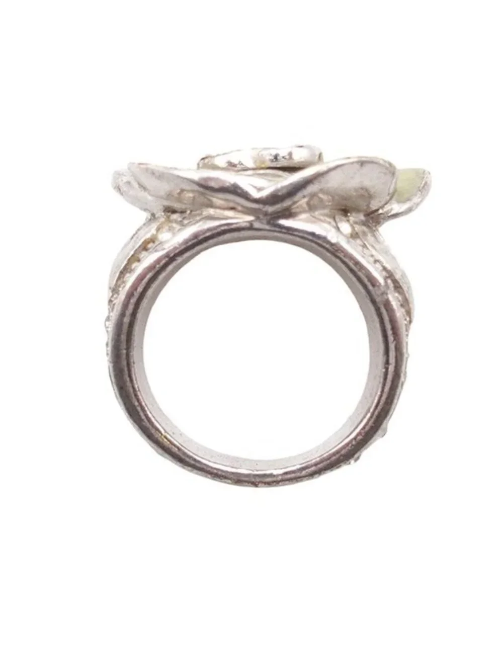 Chanel Camellia Silver Metal CC Logo Rhinestone Ring